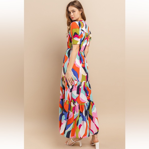24 Beautiful Multi Color Tiered Button Down Maxi Dress - Picture 4 of 5